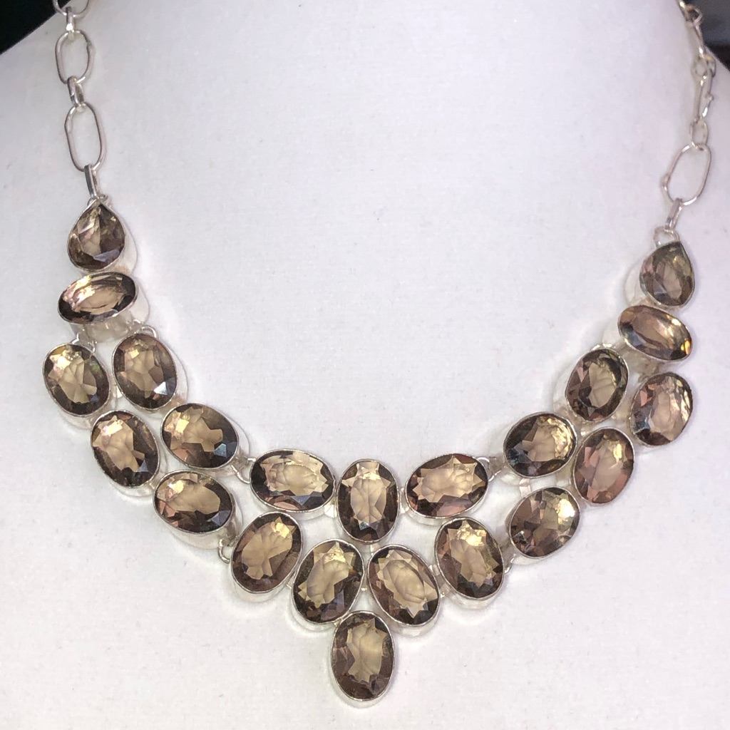 Faceted Smoky Topaz Gemstones (137.29 Cts) In Heavy Sterling Silver Necklace